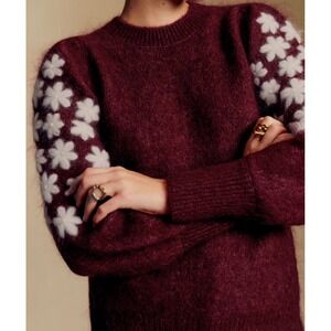 Sezane Burgundy Luke jumper Mohair wool blend Sweater White Floral Puff Sleeve M